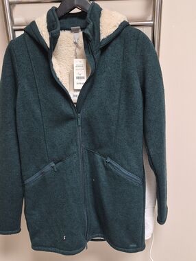 Bench Women's Dark Teal Hooded Fleece Coat with Cream Sherpa Lining